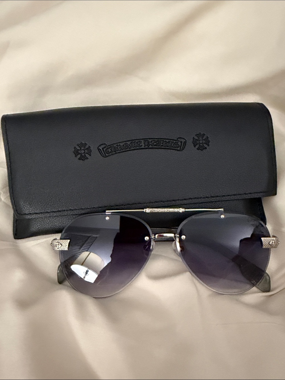 Chrome Hearts Silver Rimless Aviator Sunglasses with Gradient Smoke Lenses